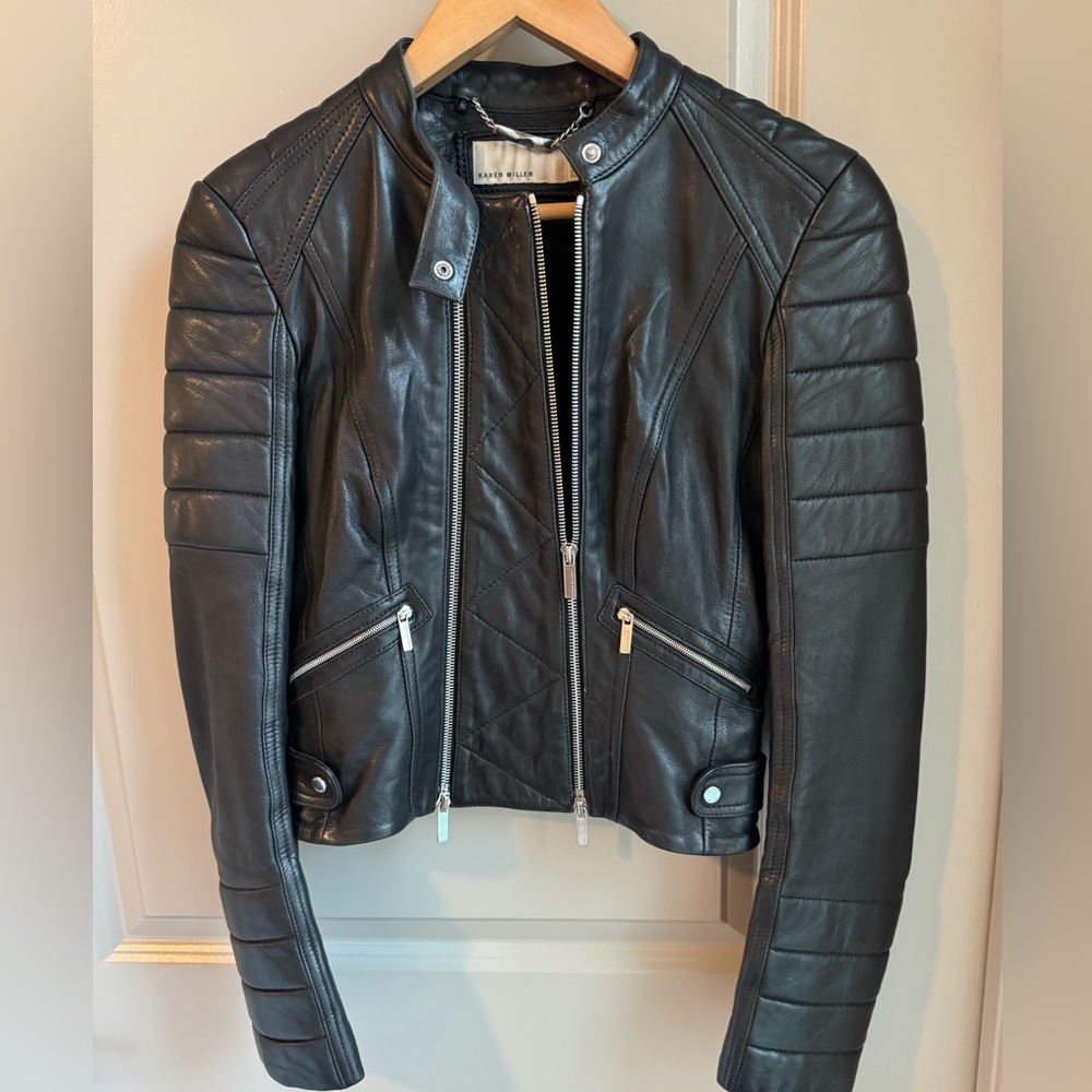 Karen Millen Black Double Zip Panel Moto Leather Jacket